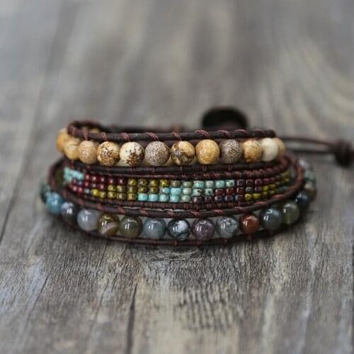 Vintage Bracelet Handmade Woven Multi-layer Seed Beads Leather Bracelets 6MM Stone 3 Strands Boho Women Wrap Bracelets