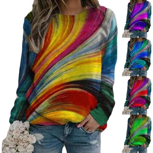Womens Hoodie Autumn Long Sleeve Top Tie Dye Dazzle Color 3D Digital Printing Crew Neck Casual Loose Fashion Womens Top Pullov