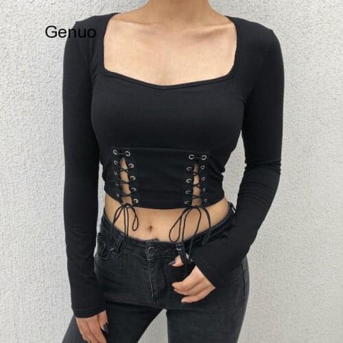 Women Black Square Collar t shirt Cropped Bandage Hollow Out Long Sleeve tshirt High Street tee shirt femme Crop Top