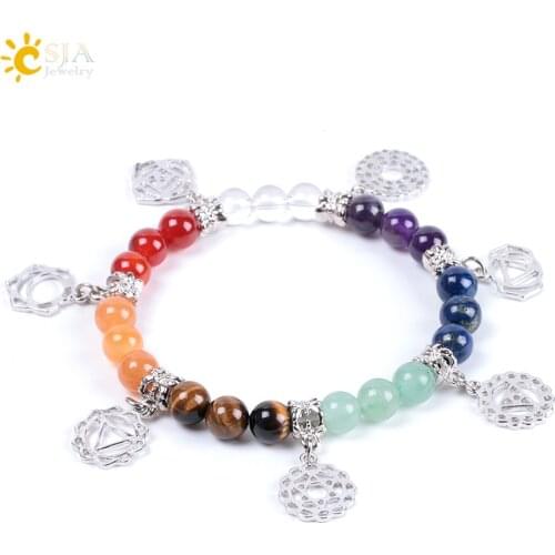 CSJA New Hot 8mm 7 Chakra Bracelet Healing Balance Energy Beads Prayer Natural Stone Yoga Bracelets Charm for Women Jewelry E996