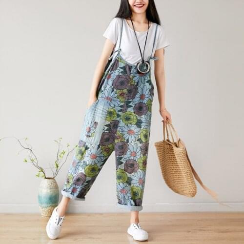 Women Summer Floral Printed Holes Denim Jumpsuit Ladies Print Loose Overalls Pants Female Vintage Ripped Flower Print Trousers