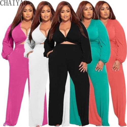 Wholesale Items Plus Size Autumn and Winter Women Fashion Casual V-neck Loose Waist Solid Color Two-piece Suit