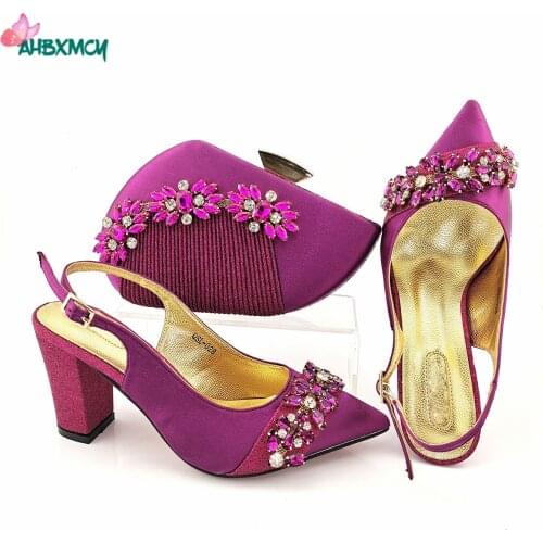 2021 Summer New Design Elegant Style Nigerian Women Shoes and Bag Set in Magenta Color Mature Lady Shoes with Shinning Crystal