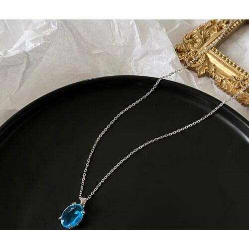 2021 Fashion Chic Blue Crystal Zircon Pendant Necklace for Women Trendy Simple Chain Necklace Jewelry Gifts