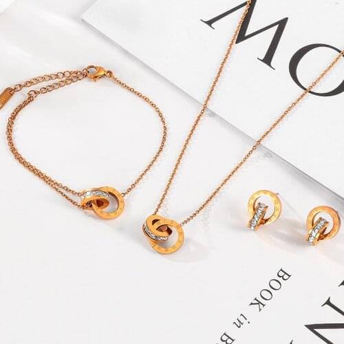 3Pcs/Sets Fashion Luxury Elegant Roman Numeral Crystal Earrings Bracelet Necklace For Women Jewelry Female Stainless Steel Gifts