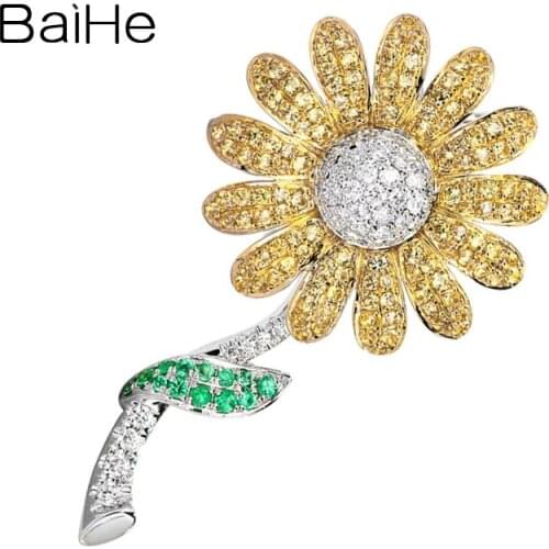 BAIHE Genuine Solid 14K White+Yellow Gold Yellow Sapphire Emerald Diamond Wedding Trendy Fine Jewelry Flower Brooch Women брошь