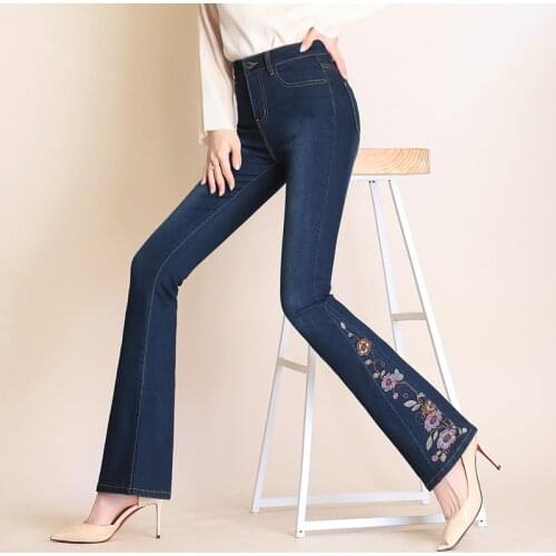 Plus velvet embroidery Jeans autumn and winter cotton thick warm snow wear female women girls flare pants clothing