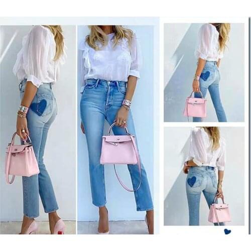 New High Ankle_length Pants Straight Ripped Love Cloth Sticking Fart Pocket Slim Light Blue Versatile Fashion Jeans Woman