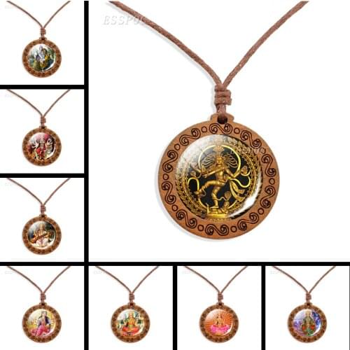 Dancing Shiva Pendant Necklace Hindu Deity Spiritual Amulet Wax Rope Labradorite Necklace Handmade Wooden Jewelry