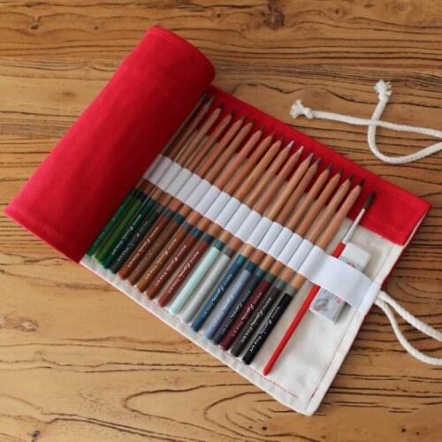 36/48/72 Holes Red Retro School Canvas Roll Up Pencil Case Pen Storage Bag Pouch Vintage Stationery Painting Art Supplies B081