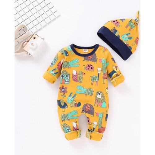 Baby Rompers Long Sleeve Newborn Boys Girls Jumpsuits Hats Clothes Infant Bebes Romper Soft Cotton Toddler Kids Outfits 0-18M