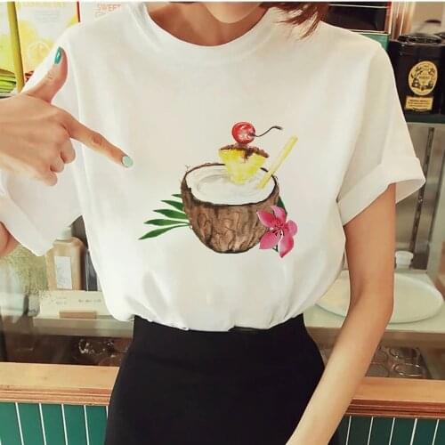 Cartoon Women T Shirts Coconut Juice Drink Cartoon Printed Tshirt Female Comfy Cool Indie Kid Summer Clothing Tumblr Mujer