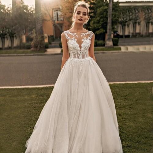 Scoop See Through Top 3D Flowers Beads Appliques Lace Zipper With Button Tulle Wedding Dress 2021 Vestido De Noiva Bridal Gown