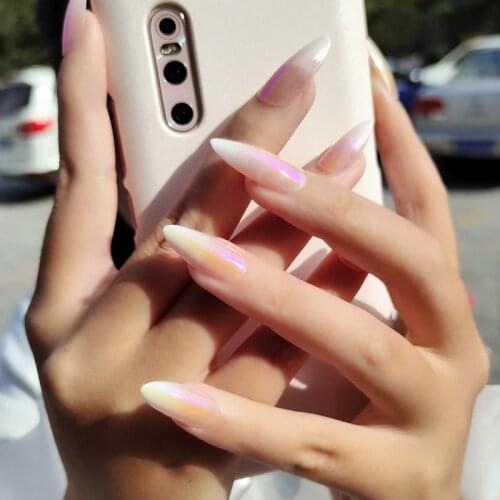 24 Pcs Artificial Nails With Glue Aesthetic Northern Lights Simple Fashion Lasting Fake Nails Almond Shape Press On For Girls TO