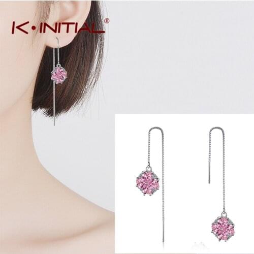Kinitial Cute Hanging Earrings For Women Pink Flower CZ Earring with Stone boucles d'oreilles Drop Tassel Earrings Long Jewelry