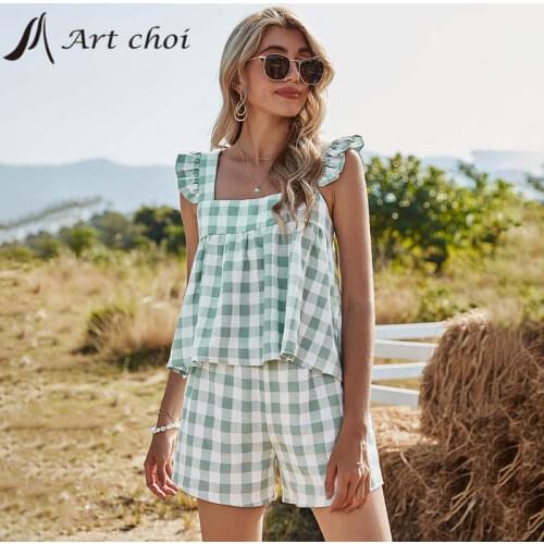 Spring Summer Two Piece Sets Casual Outfit Suits Women Plaid Checked Halter Tank Tops Vest Linen Shorts Pants 2 Piece Sets