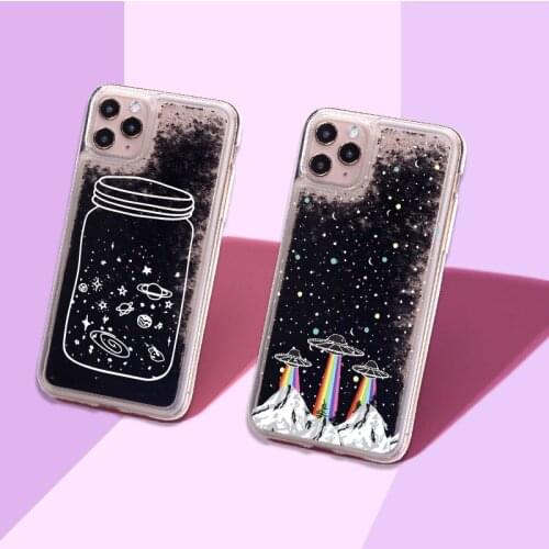 Space Stars Cosmos Spaceship Sparkle Liquid Real Glitter Phone Case Fundas Cover For iPhone 12 11 X XS XR Max Pro 7 8 8Plus 6