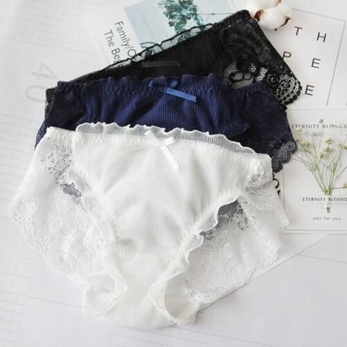 Back Hollow Lace Seamless Women Panties Ruffle Bow Cute Lovely Sweety Lady Underwear Transparent Sexy Solid Cotton Crotch Breifs