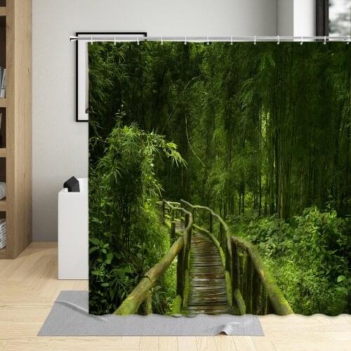 Forest Shower Curtain Bamboo Palm Tree Plank Road Mountain Green Plant Scenery Pattern Bathroom DecorPolyester Cloth Curtain Set