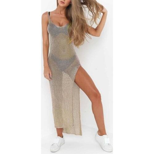 Summer bikini swimwear Sexy Women Solid Color See Through Sleeveless Side Split Bodycon Long Dress купальники женские 2021