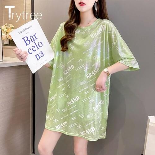 Trytree 2021 Summer Woman Casual T-shirt O-neck Cotton Blend Shining Satin Printed Long T-shirt Fashion Oversize Tops For Women