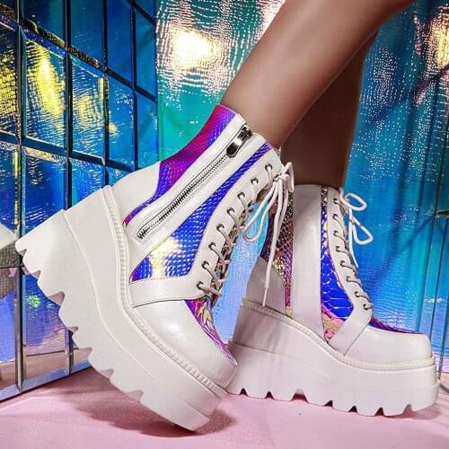 New Womens Fashion Leather Gothic Multicolor Splicing Wedge Boots Ladies Zip Up Punk Style Platform Shoes High Heels Boots#g3