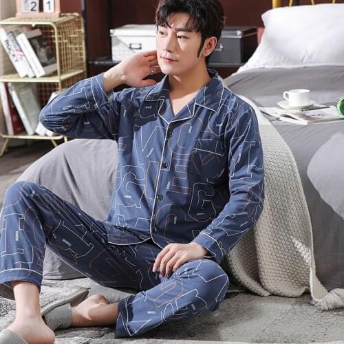 Leisure Mens Pajama Set Autumn Winter Warm Man Pajamas Set Lapel Buttons Sleepwear Long Sleeve Cotton Pajamas for Men Top Pant