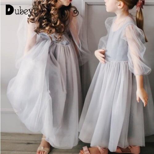 Girls Princess Dresses Grey Tulle Long Puff Sleeve Ankle Length Dress Ball Gowns Elegant Brief Birthday Party Prom Dress
