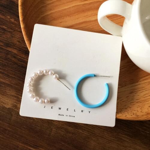 Semi Round Simulated-pearls Women Vintage Earrings Beautiful Asymmetric Blue Hoop Earrings