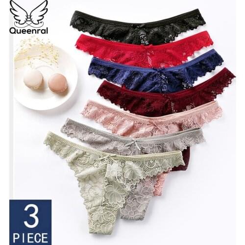 Queenral 3pcs/lot G-string For Women Underwear Lingerie Female Panties Lace Thong Briefs Low Waist T-back Panty M L XL Intimate