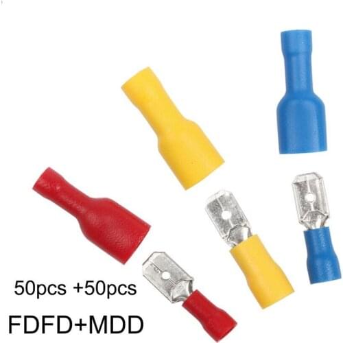 100pcs 50pairs 2.8mm 4.8mm 6.3mm Female Male Electrical Wiring Connector Insulated Crimp Terminal Spade FDFD2 DFDF-1.25 FDFD-5.5