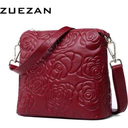 Embossed Camellia Shell Shoulder Bag, Women Genuine Leather Messenger Bag, Casual 100% Natural Cow Skin Cross-body Bag A389