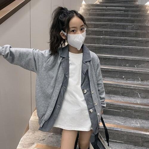Boys and girls sweater jacket 2021 fall new suit collar stitching fake two-piece cardigan top