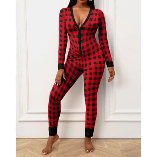 Fall Warm Woman Homewear Functional Buttoned Flap Plaid Adults Pajamas One Piece Sleepwear Tights Jumpsuit Female Long Pants