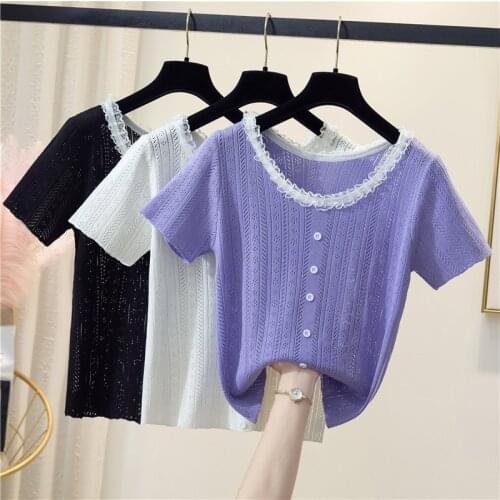 Girls O-neck Knitted sweater Short Sleeve Stretchy Striped T-shirts Women Contrast Color Knitting Tshirt Slim Tops For Female