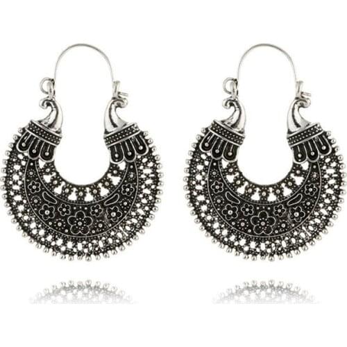 Vintage Hollow Metal Love Earrings Boho Antique Silver color Ethnic Drop Earrings For Women Flower Earrings Indian Jewelry