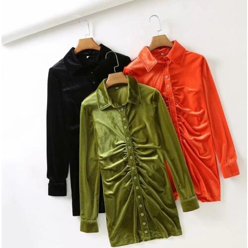 Vintage Velvet Turn-down Collar Draped French Style Blouse Mini Dress Womens Green bodycon dress