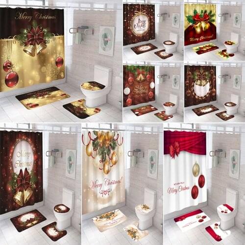 Merry Christmas Bells Streamers Pattern Shower Curtains Bathroom Curtain Anti-skid Bath Rugs Carpet Toilet Cover Holiday Decor
