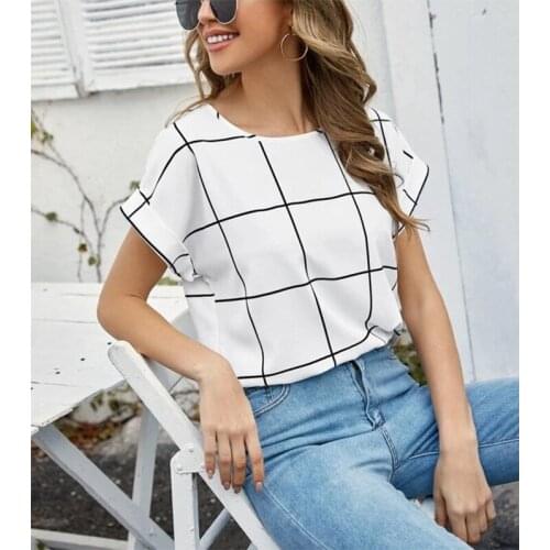 2021 New Plaid Womens Shirts Casual Lattice Print Round Neck Short Sleeve Shirt Top Summer Female Clothing Blusas Outer Wear
