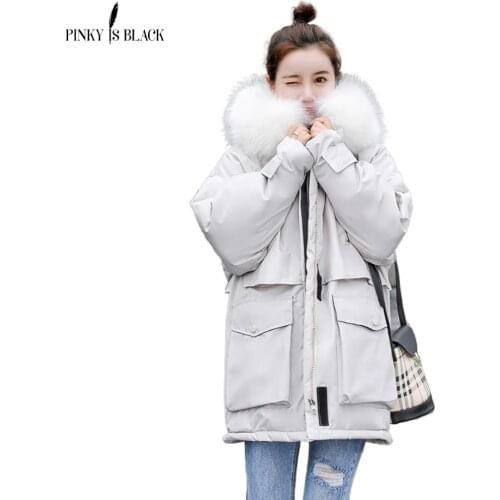 PinkyIsBlack 2020 New Fashoin Thick Loose Medium Long Winter Jacket Women Casual Big Pockets Hooded Parka Coat Female Fur Collar
