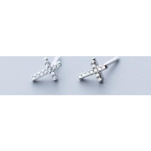 Genuine 925 Sterling Silver Cross Stud Earrings for Women Crystal Zircon Mini Fine Jewelry Christian Religion Accessories
