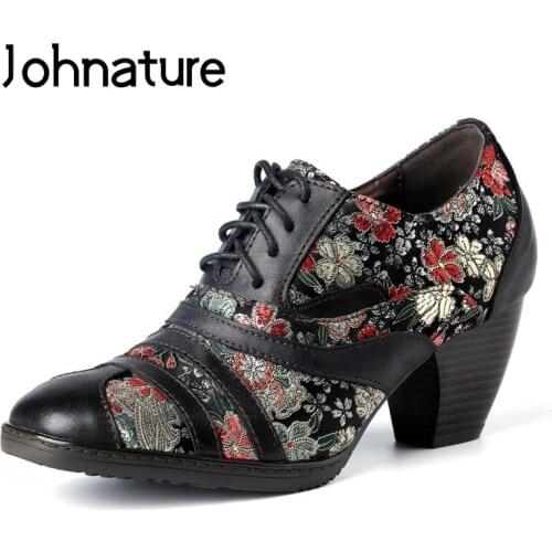 Johnature Pumps Women Shoes Retro Genuine Leather High Heels Zip Embroidery Cloth Handmade Lace-Up National Style Ladies Shoes