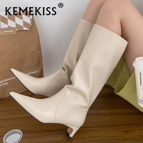 Kemekiss 2022 New Women Real Leather Knee High Boots Thick Heels Slip On Long Boot Ins Winter Party Ladies Footwear Size 34-39
