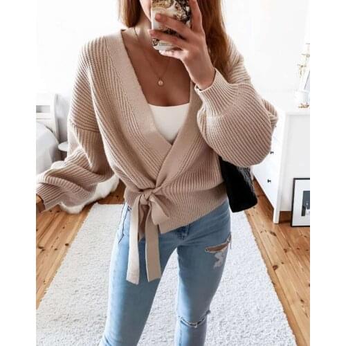 Womens Sweater V-Neck Cardigan Lace Up Bow Sweater Solid Color Females Coat White Purple