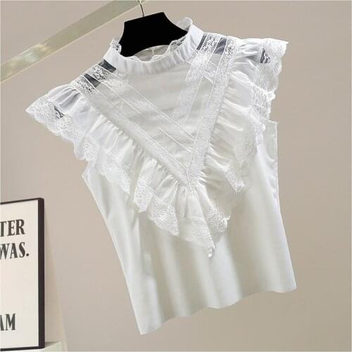 Women Top Ruffles Lotus Leaf Stitching See-through Sexy Lace Patch Knitted T Shirt Lady Sleeveless Summer Clothing White Black