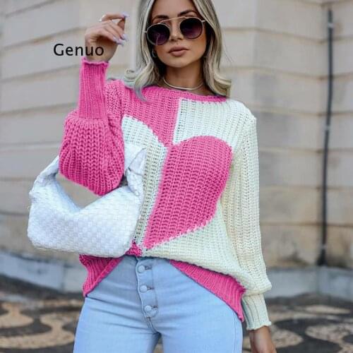 Ladies Elegant long Sleeve heart pattern patchwork Knitted Sweater women winter clothes cute knitwear streetwear femme