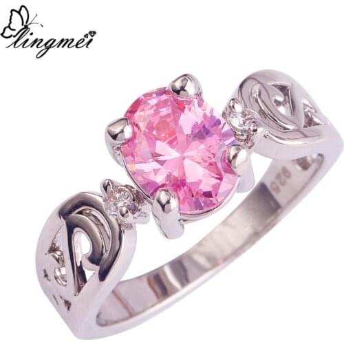 Lingmei GorgeousJewelry Wholesale Fashion Beauty PinkWhite CZ Silver Color Ring Jewelry For WomenSize 6-12