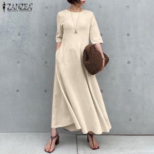 Womens Solid O Neck Robe Longue Autumn Elegant Party Long Dresses Holiday Female Swing Vestidos 2021 ZANZEA Fashion Maxi Dress