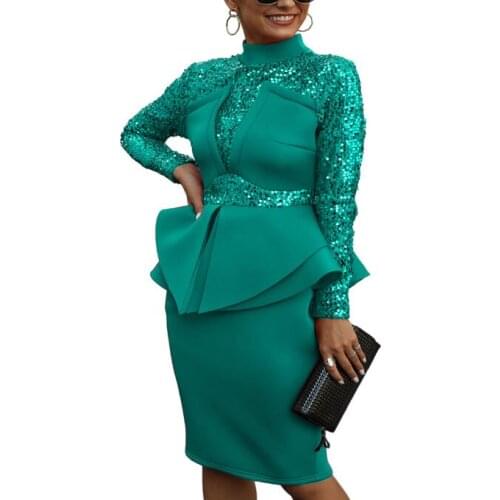 2021 Autumn Design Sexy Women Dress 4 Color Solid Sequins Ruffles Full Sleeve Ladies Midi Dress