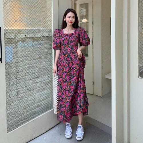 Vintage Flower Print Women Puff Sleeve Elegant Dress 2020 Summer New Chic High Waist Dresses Square Collar Summer Vestidos Femme